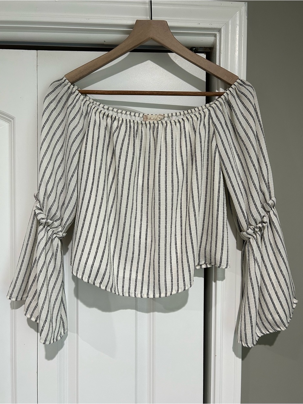 Altar'd State Ivory and Black Striped Bardot Peasant Top